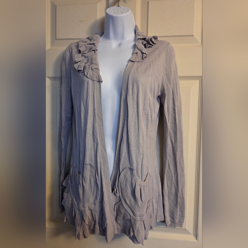 Anthropologie Guinevere Gray Ruffled Women's Cardigan Sweater Small